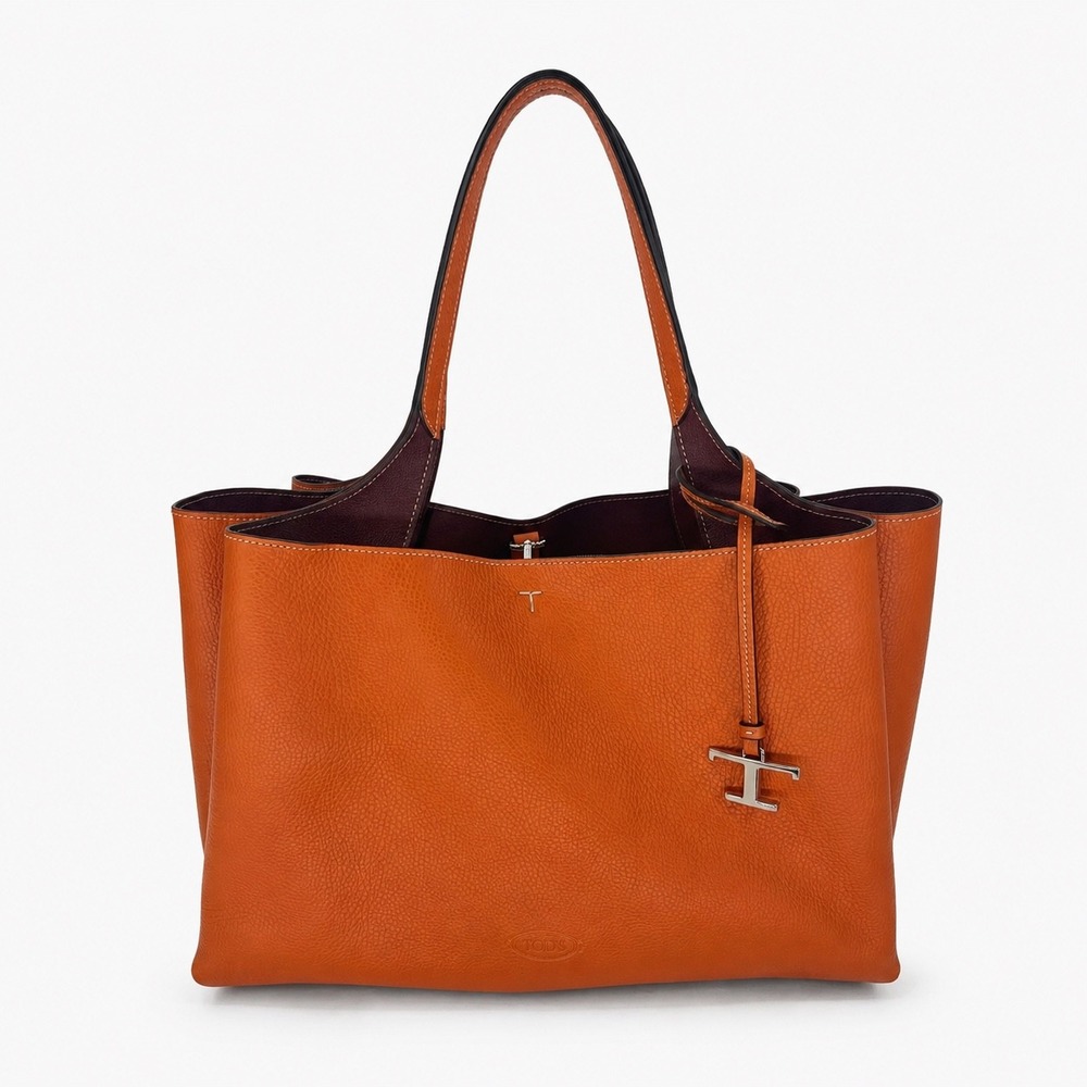 Tod's Medium Leather Tote Bag Orange Burgundy - Picture 3 of 16